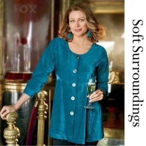 Soft Surroundings Fiona Chenille Tunic Top/Topper Teal Blue S Velvet Velour